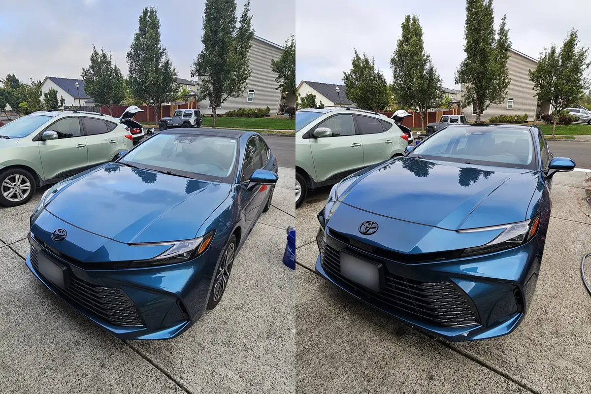 Blue 2025 Toyota Camry in a Ridgefield WA driveway before and after a full detail