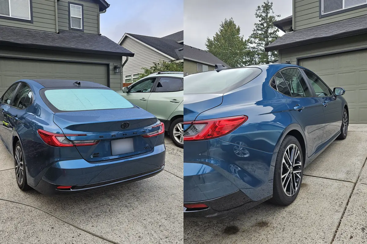 Rear of a blue 2025 Toyota Camry before and after an exterior hand wash in Ridgefield WA