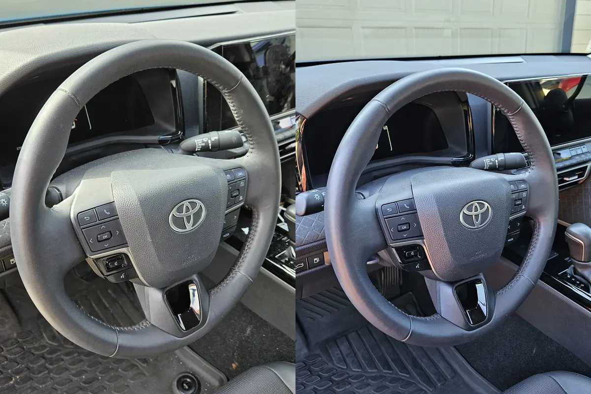 Steering wheel and controls of a 2025 Toyota Camry dusty before and clean after