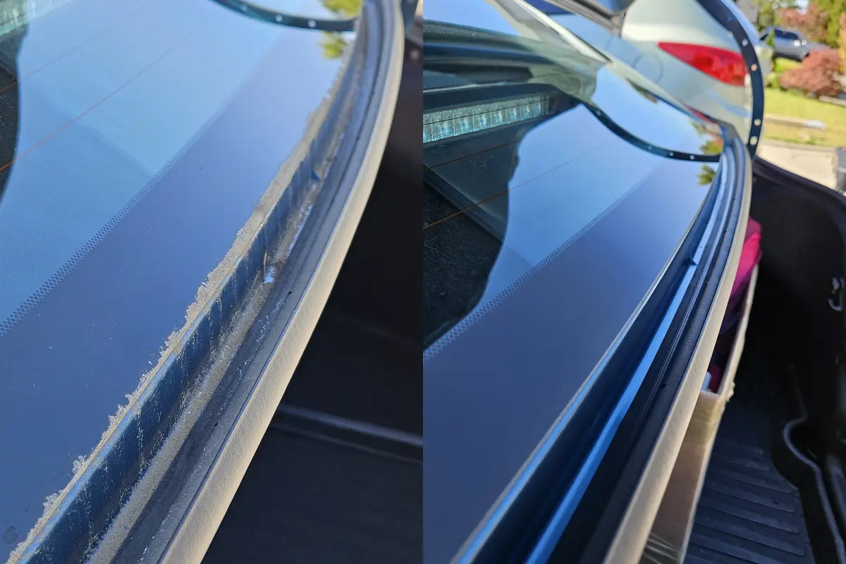 Boot lid seam of a 2025 Toyota Camry packed with dust and debris before, clean after detailing