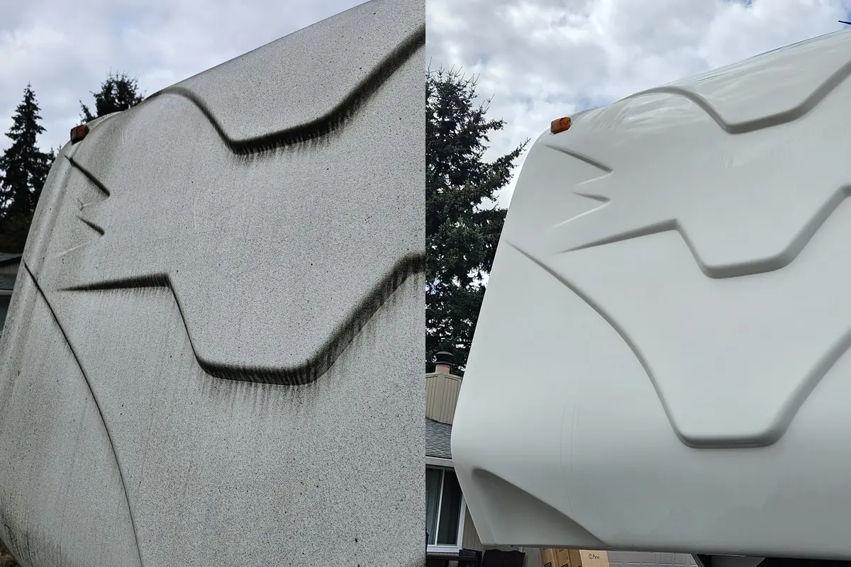 Close view of black streaks on an RV front cap before and after cleaning