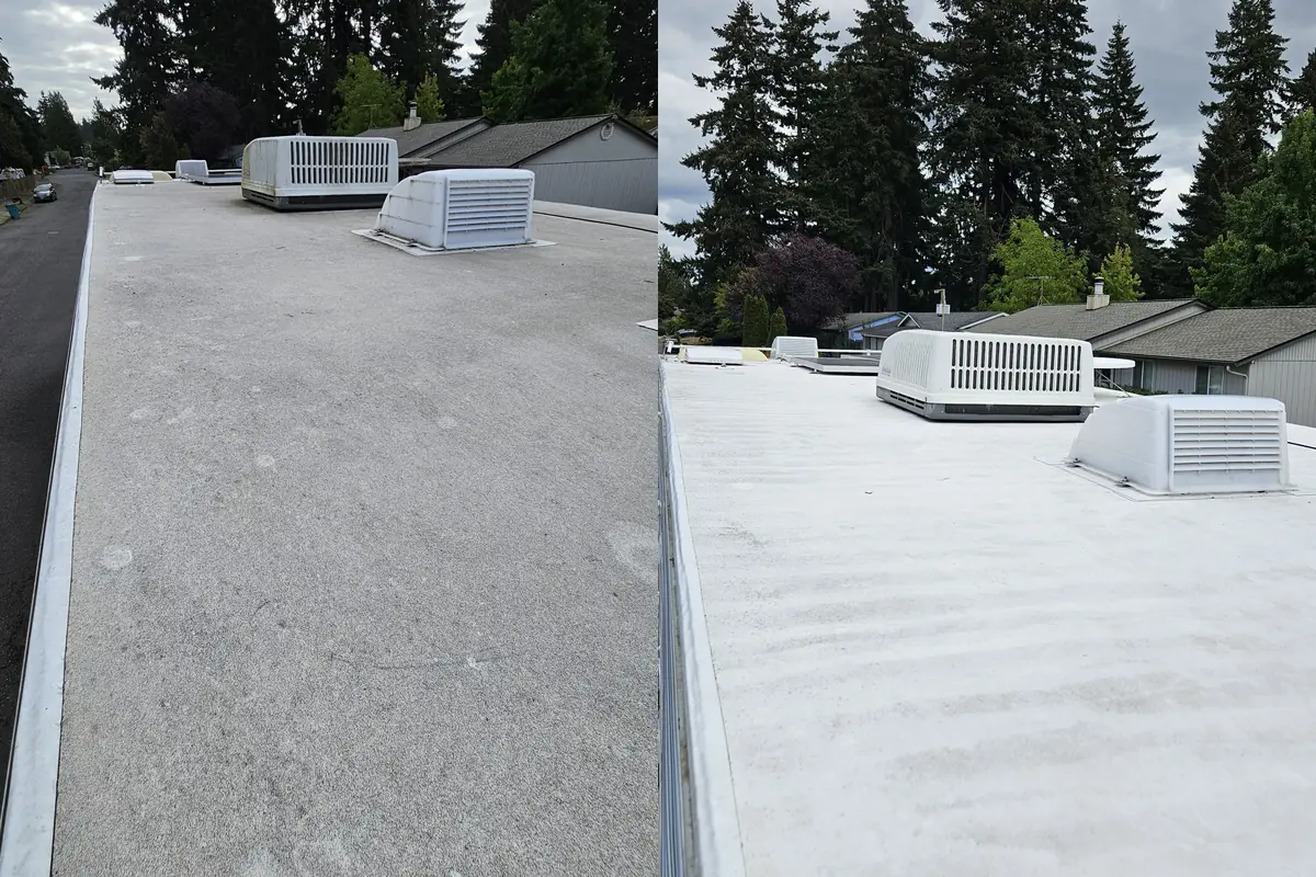 RV roof with dirt and stains before and clean after, Vancouver WA