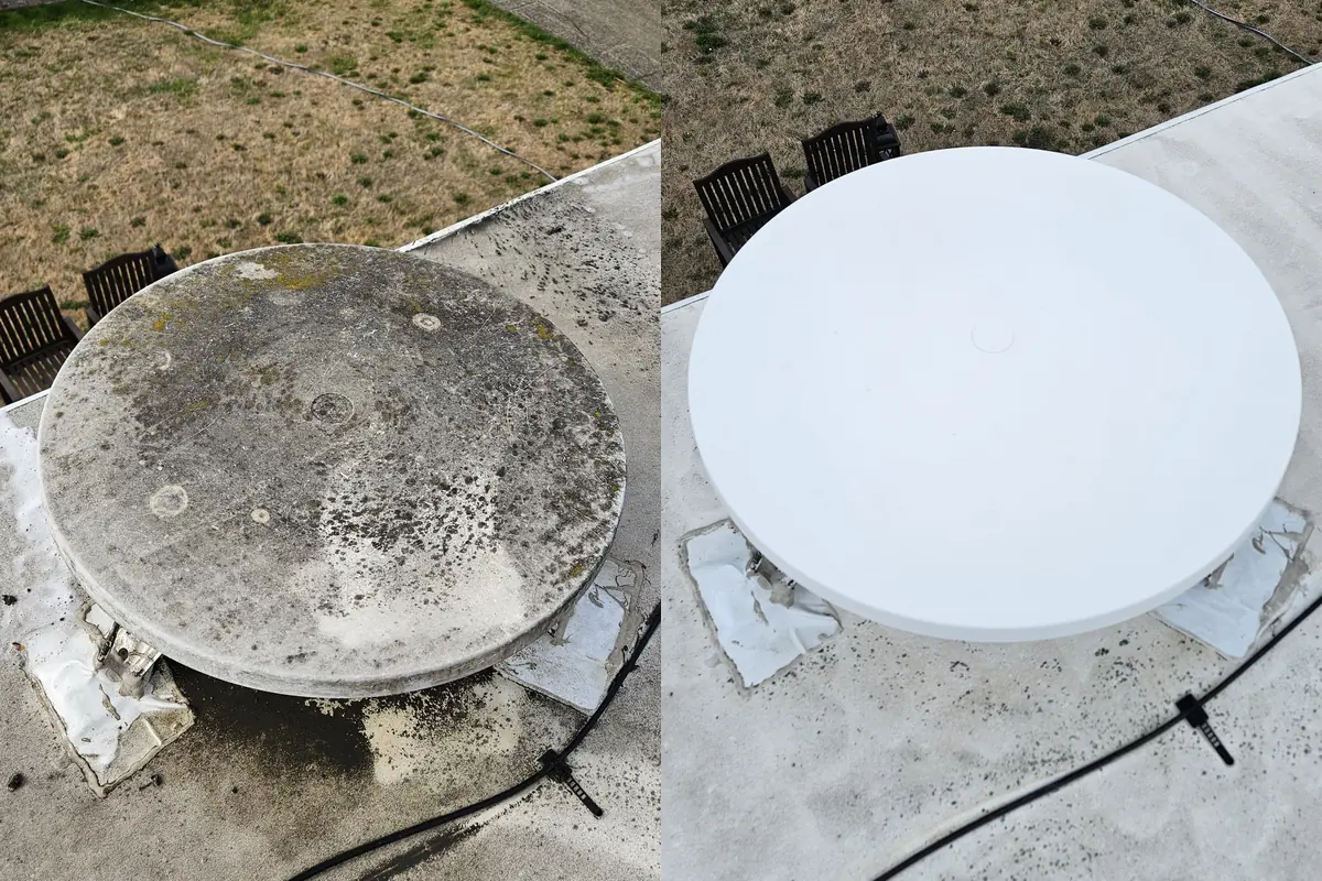 Round rooftop dome on an RV covered in moss and dirt before and white after cleaning