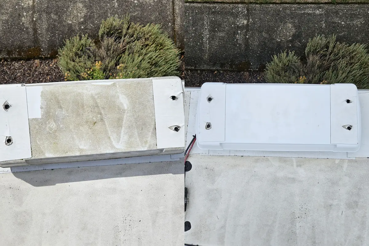 Roof vent cover on an RV, stained before and white after cleaning