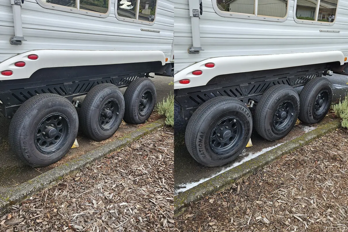 Triple axle RV tires and wheels before and after cleaning