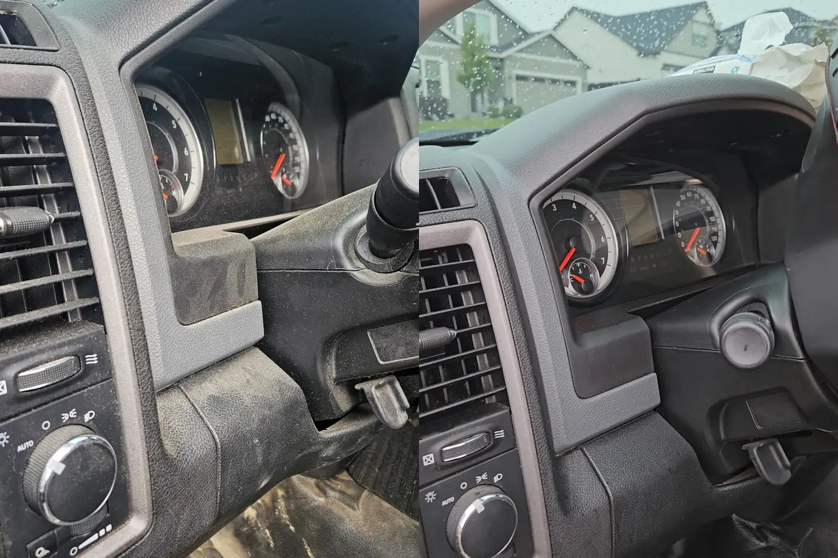Gauge cluster and steering column in a Half ton work pickup, before and after cleaning