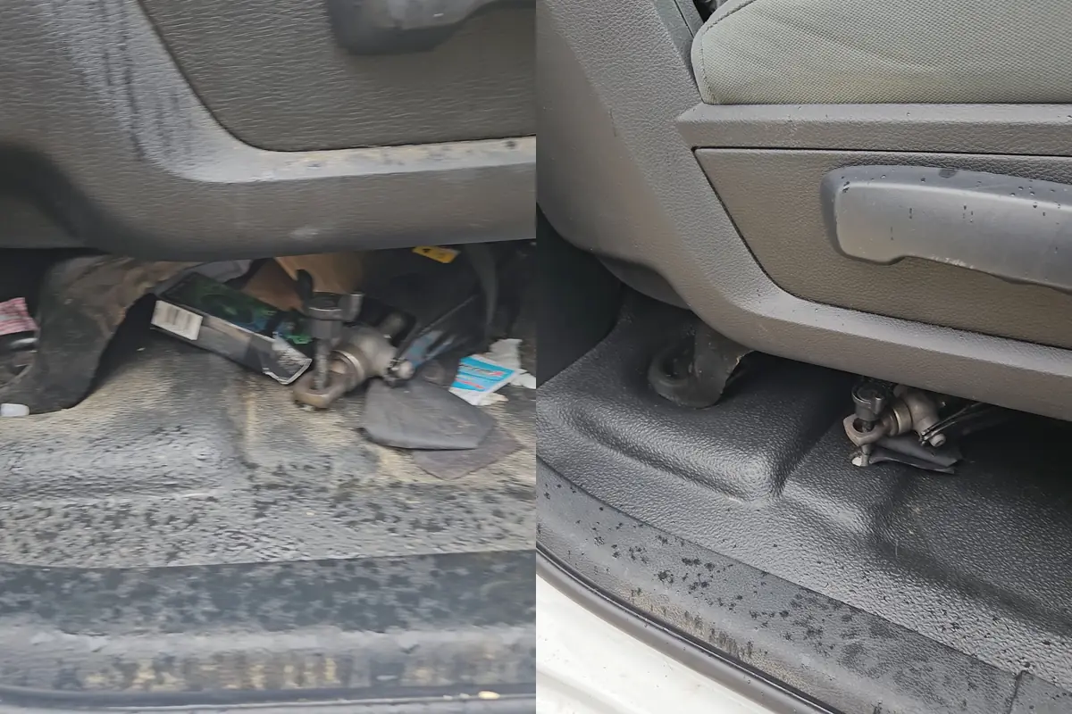 Door sill and seat base in a Half ton work pickup, before and after cleaning
